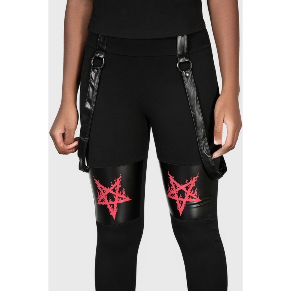 KILLSTAR ✦ Bloodpact Leggings ✦ Black Cotton Blend Red Pentagram Straps XS